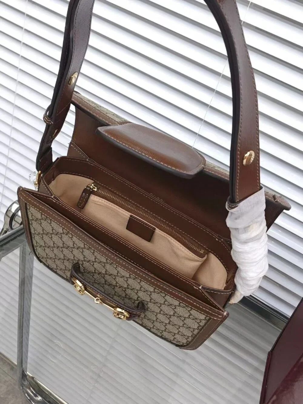 Gucci 1955 Horsebit Medium Shoulder Bag in GG Supreme Canvas with Brown Leather